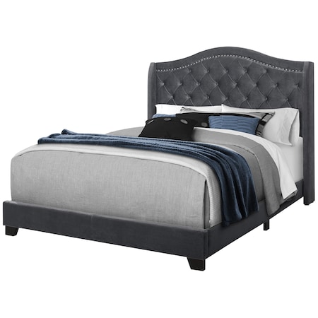 Monarch Specialties Bed, Queen Size, Platform, Bedroom, Frame, Upholstered, Velvet, Wood Legs, Grey, Chrome, Traditional I 5968Q